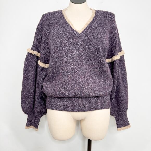 Joie Bishop Sleeve Sweater Purple Cream Alpaca Warm Preppy Boho Casual Size XL - Picture 1 of 8